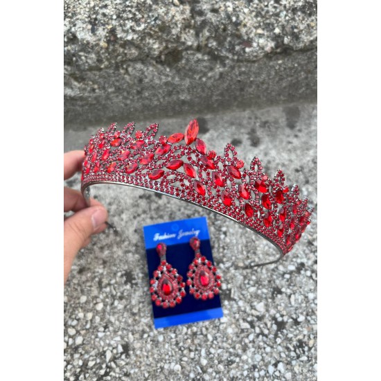 Amara Kırmızı Taç ve Damla Mekik Küpe Takımı – Işıltılı Abiye Gelin Seti-AMARA-9 Amara Kırmızı Taç ve Damla Mekik Küpe Takımı – Işıltılı Abiye Gelin Seti-AMARA-9