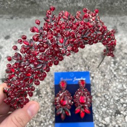 Amelia Bordo Gelin Kına Tacı Özel Gün Aksesuar Kadın Taç Ve Üç Mekik Küpe Takımı-AMELIA-12 Amelia Bordo Gelin Kına Tacı Özel Gün Aksesuar Kadın Taç Ve Üç Mekik Küpe Takımı-AMELIA-12