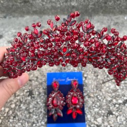 Amelia Bordo Gelin Kına Tacı Özel Gün Aksesuar Kadın Taç Ve Üç Mekik Küpe Takımı-AMELIA-12 Amelia Bordo Gelin Kına Tacı Özel Gün Aksesuar Kadın Taç Ve Üç Mekik Küpe Takımı-AMELIA-12