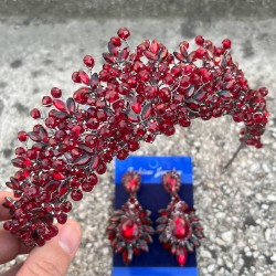 Amelia Bordo Gelin Kına Tacı Özel Gün Aksesuar Kadın Taç Ve Geniş Mekik Küpe Takımı-AMELIA-13 Amelia Bordo Gelin Kına Tacı Özel Gün Aksesuar Kadın Taç Ve Geniş Mekik Küpe Takımı-AMELIA-13