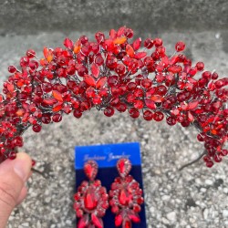 Amelia Kırmızı Gelin Kına Tacı Özel Gün Aksesuar Kadın Taç Ve Üç Mekik Küpe Takımı-AMELIA-16 Amelia Kırmızı Gelin Kına Tacı Özel Gün Aksesuar Kadın Taç Ve Üç Mekik Küpe Takımı-AMELIA-16