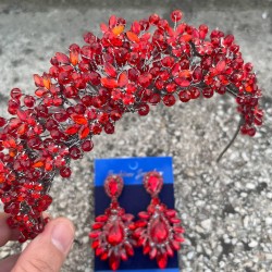 Amelia Kırmızı Gelin Kına Tacı Özel Gün Aksesuar Kadın Taç Ve Geniş Mekik Küpe Takımı-AMELIA-17 Amelia Kırmızı Gelin Kına Tacı Özel Gün Aksesuar Kadın Taç Ve Geniş Mekik Küpe Takımı-AMELIA-17