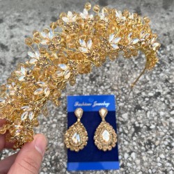 Amelia Gold Gelin Kına Tacı Özel Gün Aksesuar Kadın Taç Ve Damla Mekik Küpe Takımı-AMELIA-27 Amelia Gold Gelin Kına Tacı Özel Gün Aksesuar Kadın Taç Ve Damla Mekik Küpe Takımı-AMELIA-27