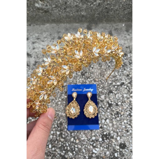 Amelia Gold Gelin Kına Tacı Özel Gün Aksesuar Kadın Taç Ve Damla Mekik Küpe Takımı-AMELIA-27 Amelia Gold Gelin Kına Tacı Özel Gün Aksesuar Kadın Taç Ve Damla Mekik Küpe Takımı-AMELIA-27