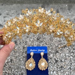 Amelia Gold Gelin Kına Tacı Özel Gün Aksesuar Kadın Taç Ve Damla Mekik Küpe Takımı-AMELIA-27 Amelia Gold Gelin Kına Tacı Özel Gün Aksesuar Kadın Taç Ve Damla Mekik Küpe Takımı-AMELIA-27