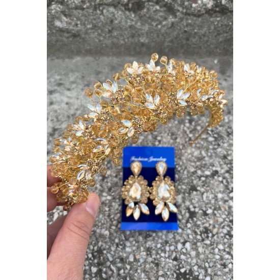 Amelia Gold Gelin Kına Tacı Özel Gün Aksesuar Kadın Taç Ve Üç Mekik Küpe Takımı-AMELIA-28 Amelia Gold Gelin Kına Tacı Özel Gün Aksesuar Kadın Taç Ve Üç Mekik Küpe Takımı-AMELIA-28