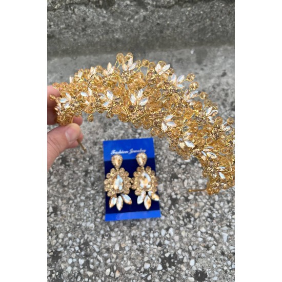 Amelia Gold Gelin Kına Tacı Özel Gün Aksesuar Kadın Taç Ve Üç Mekik Küpe Takımı-AMELIA-28 Amelia Gold Gelin Kına Tacı Özel Gün Aksesuar Kadın Taç Ve Üç Mekik Küpe Takımı-AMELIA-28
