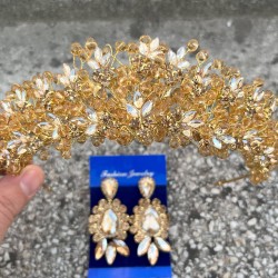 Amelia Gold Gelin Kına Tacı Özel Gün Aksesuar Kadın Taç Ve Üç Mekik Küpe Takımı-AMELIA-28 Amelia Gold Gelin Kına Tacı Özel Gün Aksesuar Kadın Taç Ve Üç Mekik Küpe Takımı-AMELIA-28