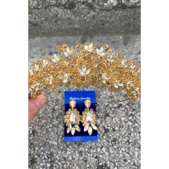 Amelia Gold Gelin Kına Tacı Özel Gün Aksesuar Kadın Taç Ve Üç Mekik Küpe Takımı-AMELIA-28 Amelia Gold Gelin Kına Tacı Özel Gün Aksesuar Kadın Taç Ve Üç Mekik Küpe Takımı-AMELIA-28