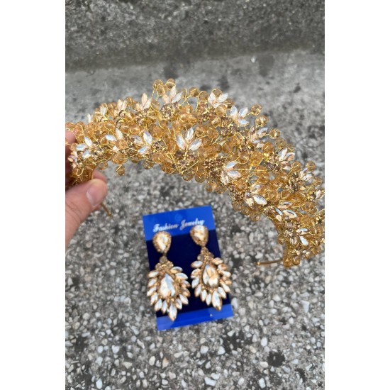 Amelia Gold Gelin Kına Tacı Özel Gün Aksesuar Kadın Taç Ve Geniş Mekik Küpe Takımı-AMELIA-30 Amelia Gold Gelin Kına Tacı Özel Gün Aksesuar Kadın Taç Ve Geniş Mekik Küpe Takımı-AMELIA-30