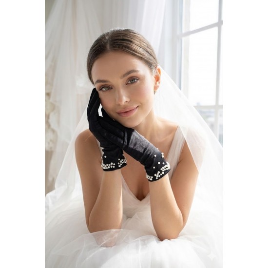 Aurevra Pearl Siyah Satin Eldiven &ndash; İnci Detaylı Kısa L&uuml;ks Gelin ve Davet Aksesuarı-AUREVRA-2