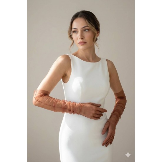 Avelisse Couture Full T&uuml;l Bakır Eldiven &ndash; Zarif Gelin & Davet Aksesuarı-AVELİSSE-1