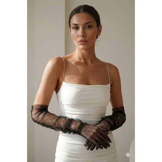 Avelisse Couture Full T&uuml;l Siyah Eldiven &ndash; Zarif Gelin & Davet Aksesuarı-AVELİSSE-12
