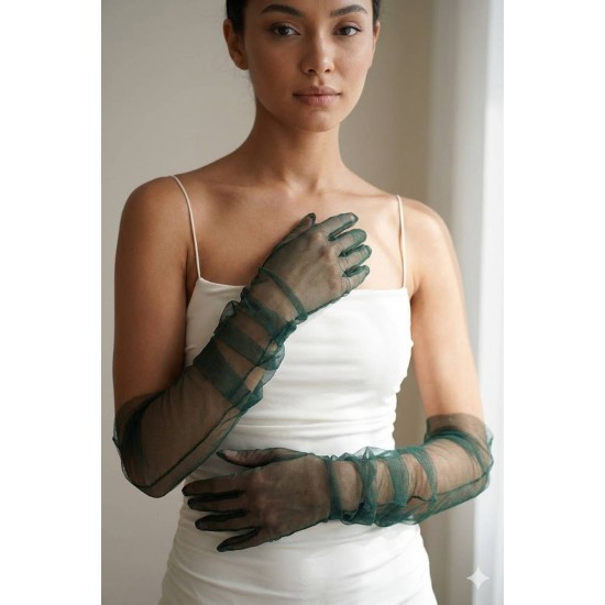 Avelisse Couture Full T&uuml;l Z&uuml;mr&uuml;t Yeşil Eldiven &ndash; Zarif Gelin & Davet Aksesuarı-AVELİSSE-14