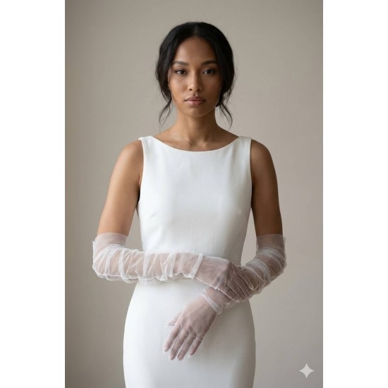 Avelisse Couture Full T&uuml;l Beyaz Eldiven &ndash; Zarif Gelin & Davet Aksesuarı-AVELİSSE-2