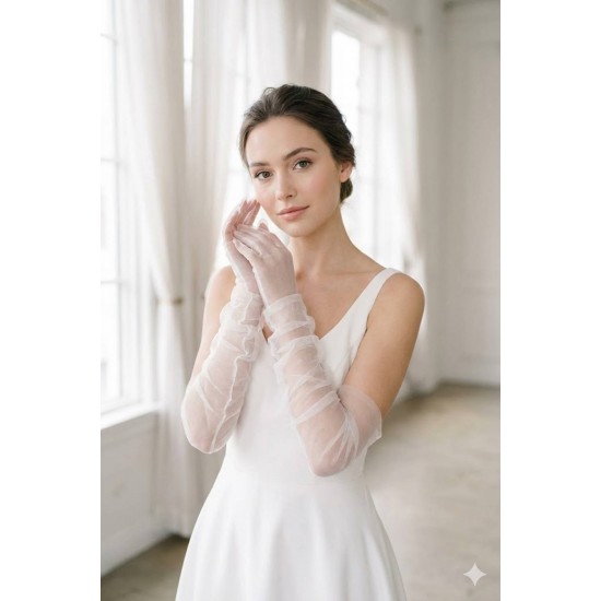 Avelisse Couture Full T&uuml;l Beyaz Eldiven &ndash; Zarif Gelin & Davet Aksesuarı-AVELİSSE-2