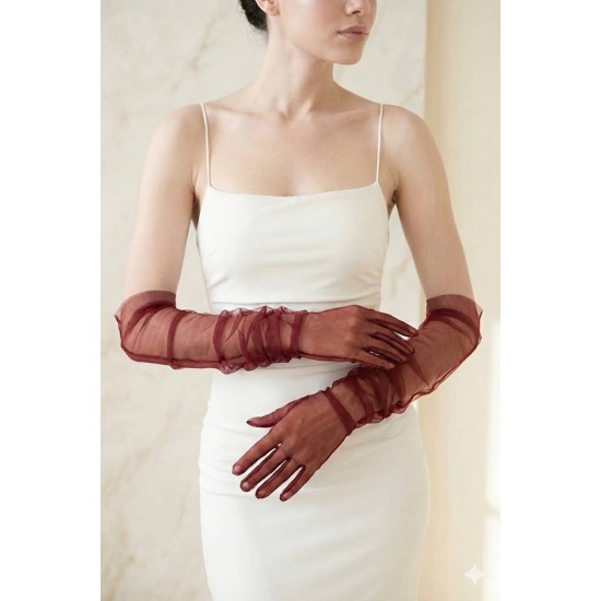 Avelisse Couture Full T&uuml;l Bordo Eldiven &ndash; Zarif Gelin & Davet Aksesuarı-AVELİSSE-3