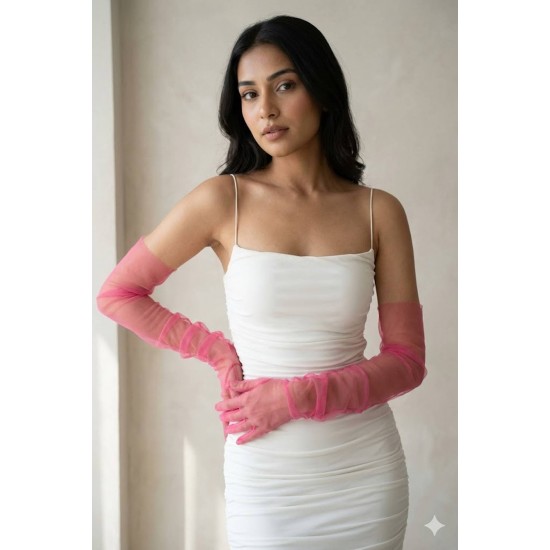 Avelisse Couture Full T&uuml;l Fuşya Eldiven &ndash; Zarif Gelin & Davet Aksesuarı-AVELİSSE-4