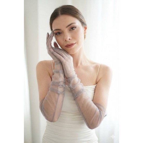 Avelisse Couture Full T&uuml;l Gri Eldiven &ndash; Zarif Gelin & Davet Aksesuarı-AVELİSSE-5