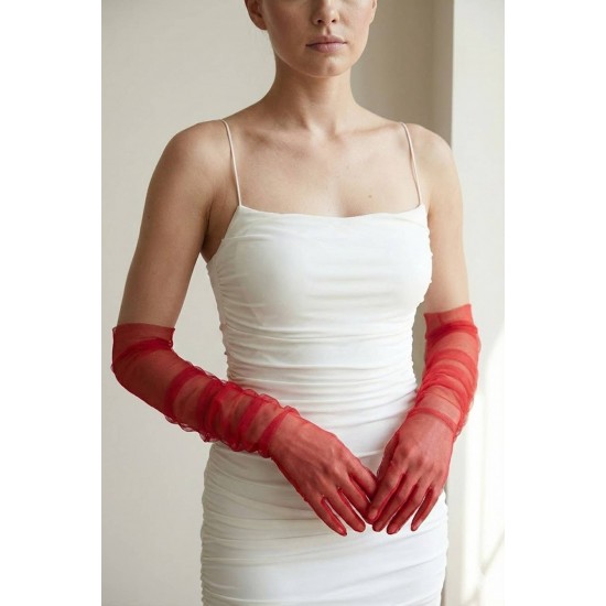 Avelisse Couture Full T&uuml;l Kırmızı Eldiven &ndash; Zarif Gelin & Davet Aksesuarı-AVELİSSE-7