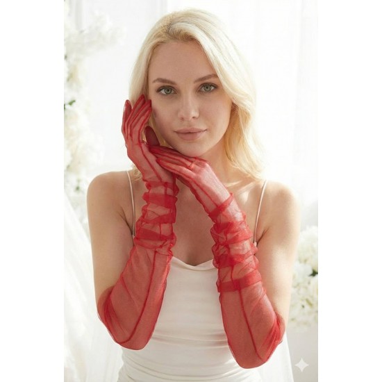 Avelisse Couture Full T&uuml;l Kırmızı Eldiven &ndash; Zarif Gelin & Davet Aksesuarı-AVELİSSE-7