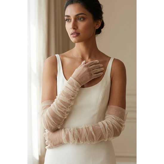 Avelisse Couture Full T&uuml;l Krem Eldiven &ndash; Zarif Gelin & Davet Aksesuarı-AVELİSSE-8