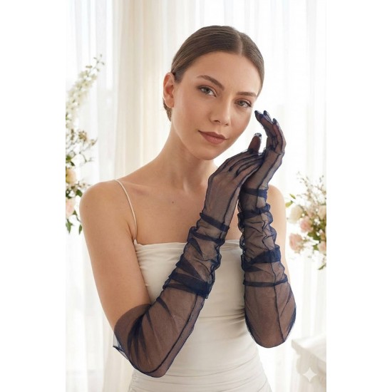 Avelisse Couture Full T&uuml;l Lacivert Eldiven &ndash; Zarif Gelin & Davet Aksesuarı-AVELİSSE-9