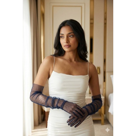 Avelisse Couture Full T&uuml;l Lacivert Eldiven &ndash; Zarif Gelin & Davet Aksesuarı-AVELİSSE-9