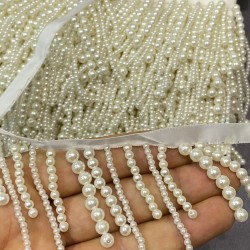 Krem İnci Boncuk İşlemeli Saçaklı Şerit Püskül-BCSP-1017