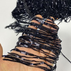 Siyah Pul Payetli Parlak Püskül Saçak Şerit 15 Cm 1 Metre-BCSP-1018