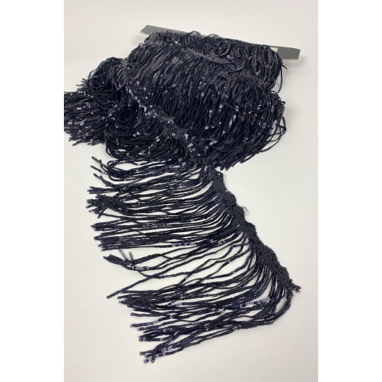Siyah Pul Payetli Parlak Püskül Saçak Şerit 15 Cm 1 Metre-BCSP-1018