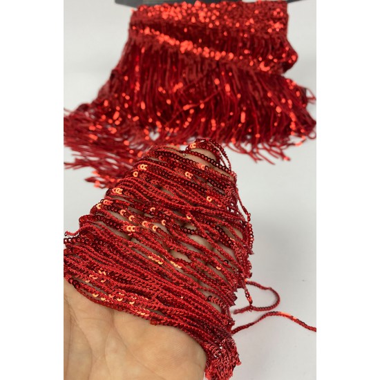 Kırmızı Pul Payetli Parlak Püskül Saçak Şerit 15 Cm 1 Metre-BCSP-1019