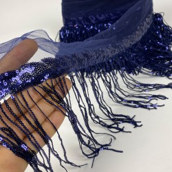 Lacivert Pul Payetli Parlak Püskül Saçak Şerit 15 Cm 1 Metre-BCSP-1020