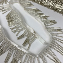 Gümüş Boru Ve Kum Boncuk İşlemeli Saçak Şerit-BCSP-1023