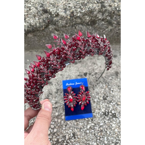 Belicia Bordo Gelin Kına Tacı Özel Gün Aksesuar Kadın Taç Ve İnce Mekik Küpe Takımı-BELICIA-18 Belicia Bordo Gelin Kına Tacı Özel Gün Aksesuar Kadın Taç Ve İnce Mekik Küpe Takımı-BELICIA-18