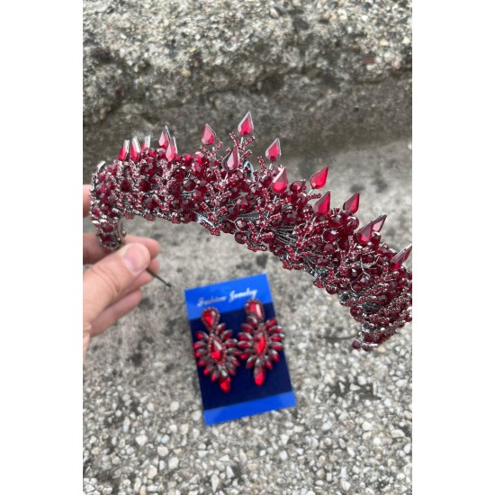 Belicia Bordo Gelin Kına Tacı Özel Gün Aksesuar Kadın Taç Ve İnce Mekik Küpe Takımı-BELICIA-18 Belicia Bordo Gelin Kına Tacı Özel Gün Aksesuar Kadın Taç Ve İnce Mekik Küpe Takımı-BELICIA-18