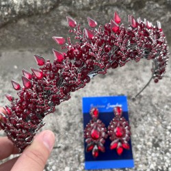 Belicia Bordo Gelin Kına Tacı Özel Gün Aksesuar Kadın Taç Ve Üç Mekik Küpe Takımı-BELICIA-19 Belicia Bordo Gelin Kına Tacı Özel Gün Aksesuar Kadın Taç Ve Üç Mekik Küpe Takımı-BELICIA-19