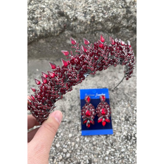 Belicia Bordo Gelin Kına Tacı Özel Gün Aksesuar Kadın Taç Ve Üç Mekik Küpe Takımı-BELICIA-19 Belicia Bordo Gelin Kına Tacı Özel Gün Aksesuar Kadın Taç Ve Üç Mekik Küpe Takımı-BELICIA-19