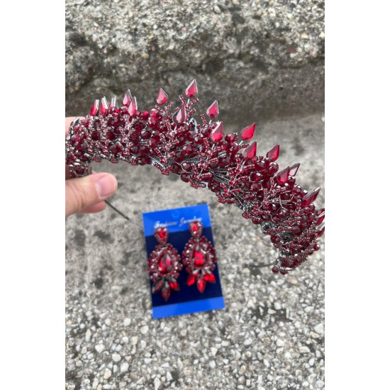 Belicia Bordo Gelin Kına Tacı Özel Gün Aksesuar Kadın Taç Ve Üç Mekik Küpe Takımı-BELICIA-19 Belicia Bordo Gelin Kına Tacı Özel Gün Aksesuar Kadın Taç Ve Üç Mekik Küpe Takımı-BELICIA-19