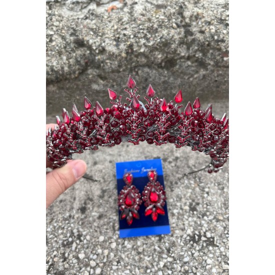 Belicia Bordo Gelin Kına Tacı Özel Gün Aksesuar Kadın Taç Ve Üç Mekik Küpe Takımı-BELICIA-19 Belicia Bordo Gelin Kına Tacı Özel Gün Aksesuar Kadın Taç Ve Üç Mekik Küpe Takımı-BELICIA-19