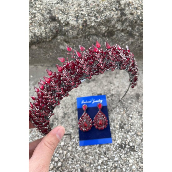 Belicia Bordo Gelin Kına Tacı Özel Gün Aksesuar Kadın Taç Ve Damla Mekik Küpe Takımı-BELICIA-20 Belicia Bordo Gelin Kına Tacı Özel Gün Aksesuar Kadın Taç Ve Damla Mekik Küpe Takımı-BELICIA-20