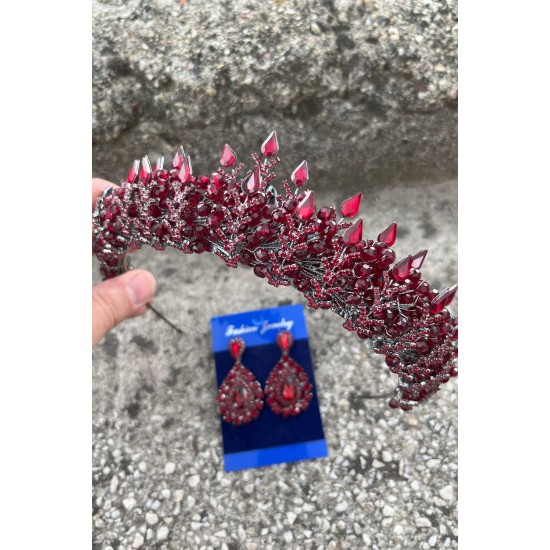 Belicia Bordo Gelin Kına Tacı Özel Gün Aksesuar Kadın Taç Ve Damla Mekik Küpe Takımı-BELICIA-20 Belicia Bordo Gelin Kına Tacı Özel Gün Aksesuar Kadın Taç Ve Damla Mekik Küpe Takımı-BELICIA-20