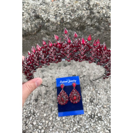 Belicia Bordo Gelin Kına Tacı Özel Gün Aksesuar Kadın Taç Ve Damla Mekik Küpe Takımı-BELICIA-20 Belicia Bordo Gelin Kına Tacı Özel Gün Aksesuar Kadın Taç Ve Damla Mekik Küpe Takımı-BELICIA-20