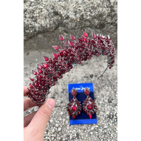 Belicia Bordo Gelin Kına Tacı Özel Gün Aksesuar Kadın Taç Ve Geniş Mekik Küpe Takımı-BELICIA-21 Belicia Bordo Gelin Kına Tacı Özel Gün Aksesuar Kadın Taç Ve Geniş Mekik Küpe Takımı-BELICIA-21