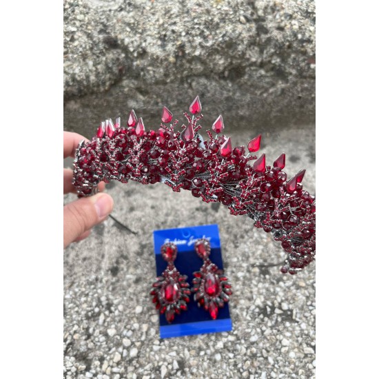 Belicia Bordo Gelin Kına Tacı Özel Gün Aksesuar Kadın Taç Ve Geniş Mekik Küpe Takımı-BELICIA-21 Belicia Bordo Gelin Kına Tacı Özel Gün Aksesuar Kadın Taç Ve Geniş Mekik Küpe Takımı-BELICIA-21