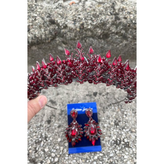 Belicia Bordo Gelin Kına Tacı Özel Gün Aksesuar Kadın Taç Ve Geniş Mekik Küpe Takımı-BELICIA-21 Belicia Bordo Gelin Kına Tacı Özel Gün Aksesuar Kadın Taç Ve Geniş Mekik Küpe Takımı-BELICIA-21