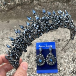 Belicia Lacivert Gelin Kına Tacı Özel Gün Aksesuar Kadın Taç Ve Damla Mekik Küpe Takımı-BELICIA-25 Belicia Lacivert Gelin Kına Tacı Özel Gün Aksesuar Kadın Taç Ve Damla Mekik Küpe Takımı-BELICIA-25