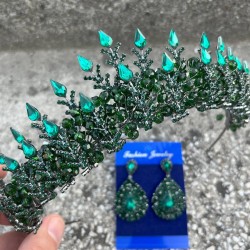 Belicia Yeşil Gelin Kına Tacı Özel Gün Aksesuar Kadın Taç Ve Damla Mekik Küpe Takımı-BELICIA-27 Belicia Yeşil Gelin Kına Tacı Özel Gün Aksesuar Kadın Taç Ve Damla Mekik Küpe Takımı-BELICIA-27