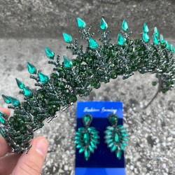 Belicia Yeşil Gelin Kına Tacı Özel Gün Aksesuar Kadın Taç Ve İnce Mekik Küpe Takımı-BELICIA-28 Belicia Yeşil Gelin Kına Tacı Özel Gün Aksesuar Kadın Taç Ve İnce Mekik Küpe Takımı-BELICIA-28