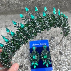 Belicia Yeşil Gelin Kına Tacı Özel Gün Aksesuar Kadın Taç Ve Üç Mekik Küpe Takımı-BELICIA-29 Belicia Yeşil Gelin Kına Tacı Özel Gün Aksesuar Kadın Taç Ve Üç Mekik Küpe Takımı-BELICIA-29